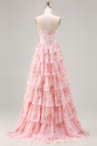 Yellow Floral Tiered Strapless Corset Prom Dress