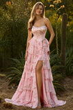 Yellow Floral Tiered Strapless Corset Prom Dress