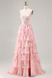 Floral Blue Strapless Tiered A-Line Corset Prom Dress With Slit