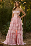 Yellow Floral Tiered Strapless Corset Prom Dress