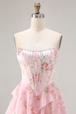 Floral Blue Strapless Tiered A-Line Corset Prom Dress With Slit