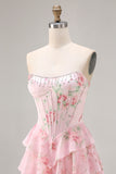 Floral Blue Strapless Tiered A-Line Corset Prom Dress With Slit