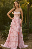 Yellow Floral Tiered Strapless Corset Prom Dress