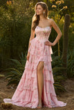 Yellow Floral Tiered Strapless Corset Prom Dress