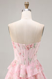 Floral Blue Strapless Tiered A-Line Corset Prom Dress With Slit