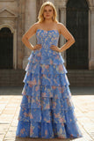 Dark Blue Corset Plus Size Tiered Floral Prom Dress
