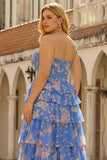 Dark Blue Corset Plus Size Tiered Floral Prom Dress