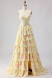 Yellow Floral Tiered Strapless Corset Prom Dress