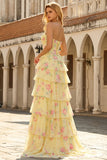 Yellow Floral Tiered Strapless Corset Prom Dress