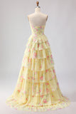Yellow Floral Tiered Strapless Corset Prom Dress