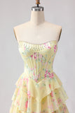 Floral Blue Strapless Tiered A-Line Corset Prom Dress With Slit
