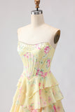 Floral Blue Strapless Tiered A-Line Corset Prom Dress With Slit