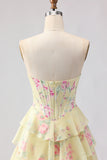 Floral Blue Strapless Tiered A-Line Corset Prom Dress With Slit