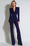 Navy Notched Lapel Ruched 2-Piece Women Suits