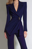 Navy Notched Lapel Ruched 2-Piece Women Suits
