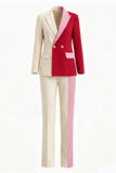 Light Khaki Red ColorBlock 2-Piece Notched Lapel Women Suits