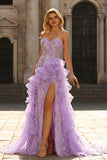 Sparkly Lilac Strapless Corset Prom Dress with Ruffles