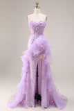 Sparkly Lilac Strapless Corset Prom Dress with Ruffles