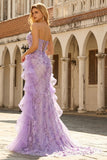 Sparkly Lilac Strapless Corset Prom Dress with Ruffles