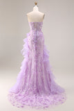 Sparkly Lilac Strapless Corset Prom Dress with Ruffles