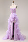 Sparkly Lilac Strapless Corset Prom Dress with Ruffles