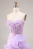 Sparkly Lilac Strapless Corset Prom Dress with Ruffles