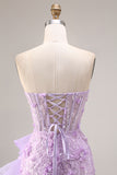 Sparkly Lilac Strapless Corset Prom Dress with Ruffles