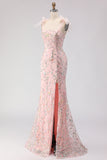 Blush Sequin Mermaid Long Prom Dress With Slit