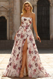 Strapless Corset A Line White Red Floral Sequin Prom Dress