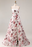 Strapless White Red Floral Corset Sequin A Line Prom Dress