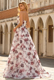 Strapless White Red Floral Corset Sequin A Line Prom Dress