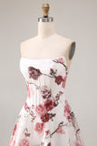Strapless White Red Floral Corset Sequin A Line Prom Dress