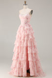 Floral Strapless Yellow A-Line Tiered Corset Prom Dress With Slit