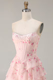 Floral Strapless Yellow A-Line Tiered Corset Prom Dress With Slit