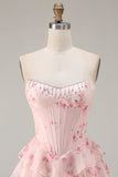 Floral Strapless Yellow A-Line Tiered Corset Prom Dress With Slit
