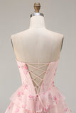 Floral Strapless Yellow A-Line Tiered Corset Prom Dress With Slit