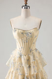 Floral Strapless Yellow A-Line Tiered Corset Prom Dress With Slit