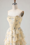 Floral Strapless Yellow A-Line Tiered Corset Prom Dress With Slit