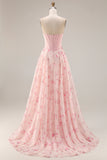 Pink Red Floral Strapless Corset A Line Prom Dress
