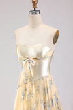 Pink Red Floral Strapless Corset A Line Prom Dress
