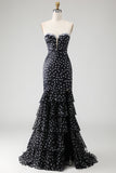 Strapless Black White Dot Corset Tiered Mermaid Prom Dress With Slit