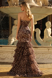 Strapless Black White Dot Corset Tiered Mermaid Prom Dress With Slit