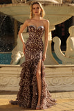 Strapless Black White Dot Corset Tiered Mermaid Prom Dress With Slit