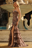 Strapless Black White Dot Corset Tiered Mermaid Prom Dress With Slit