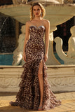 Strapless Black White Dot Corset Tiered Mermaid Prom Dress With Slit