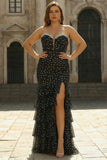 Strapless Black White Polka Dot Corset Tiered Plus Size Prom Dress