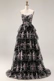 Sparkly Tiered Black Pink Floral Strapless Corset Prom Dress
