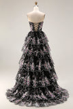 Sparkly Tiered Black Pink Floral Strapless Corset Prom Dress