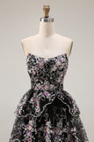 Sparkly White Pink Floral Tiered Strapless Appliqued Prom Dress