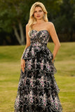 Sparkly Tiered Black Pink Floral Strapless Corset Prom Dress